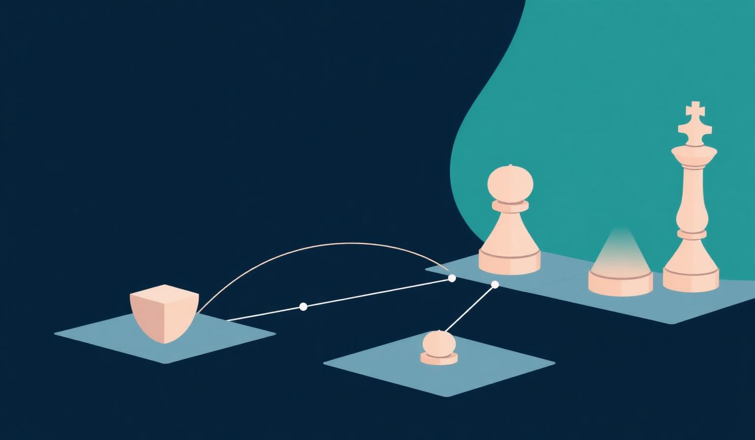 Abstract chess board with strategic paths branching into channels, representing an AI-built go-to-market strategy