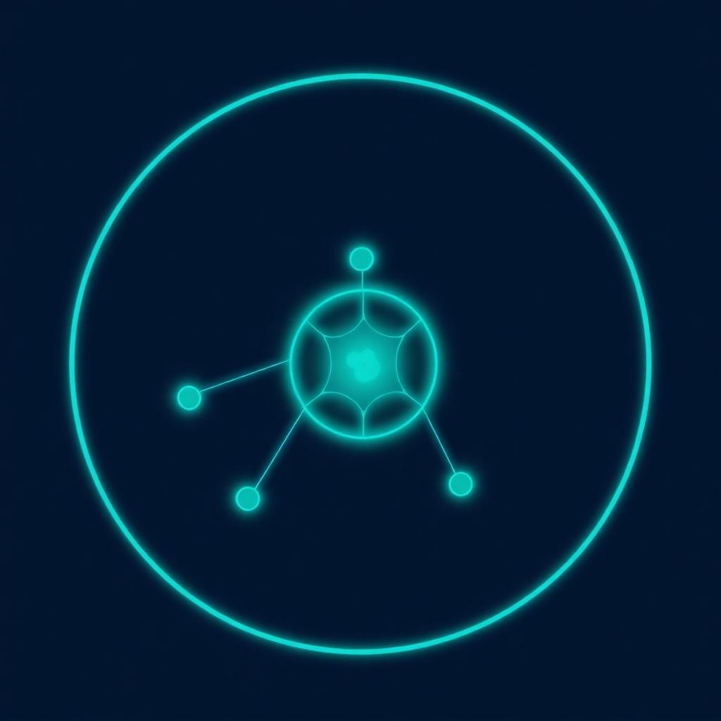 Abstract teal closed-loop orbit surrounding a glowing company brain and five knowledge graph nodes on a deep navy background