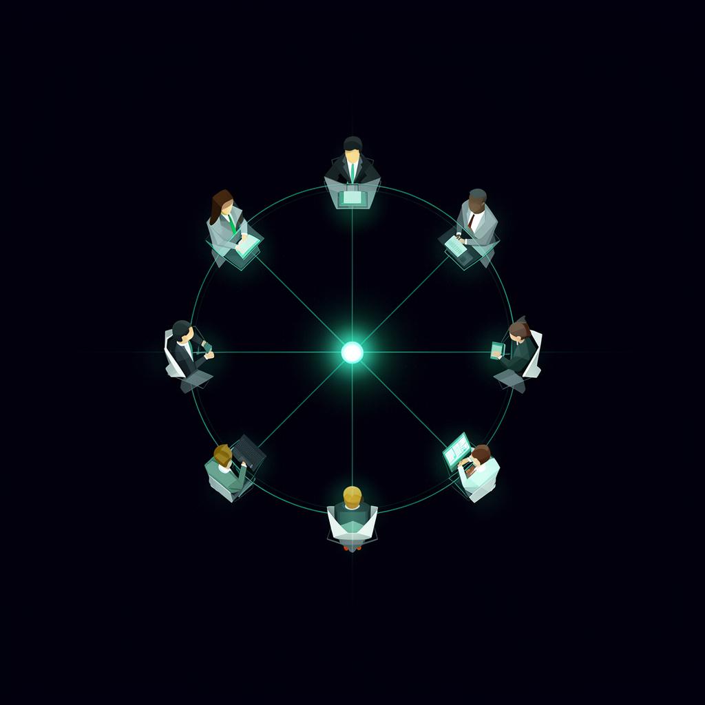 Seven AI executives arranged in a circle representing an autonomous executive team