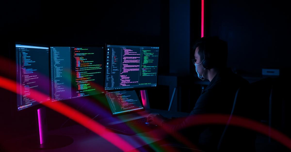 Vibe coder at a multi-screen setup with code and social media platforms