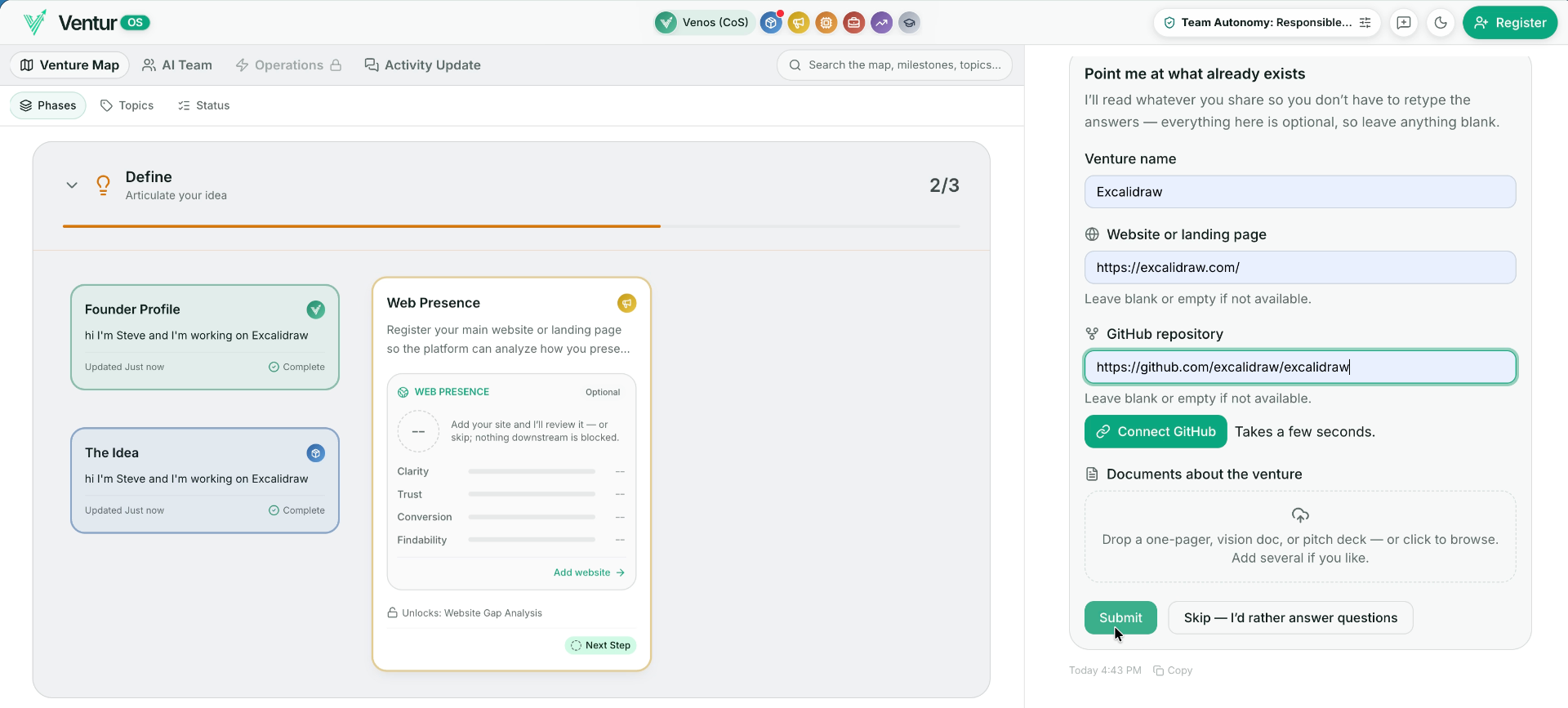 Venture Map with onboarding panel capturing where you're starting from